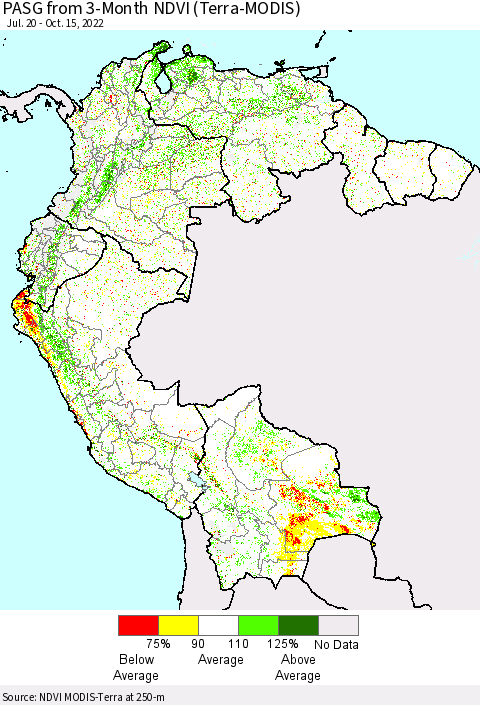 Northern South America PASG from 3-Month NDVI (Terra-MODIS) Thematic Map For 10/8/2022 - 10/15/2022
