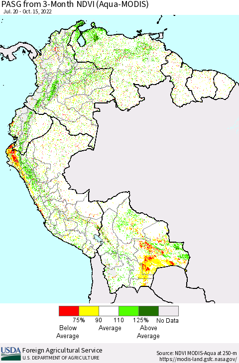 Northern South America PASG from 3-Month NDVI (Terra-MODIS) Thematic Map For 10/11/2022 - 10/20/2022