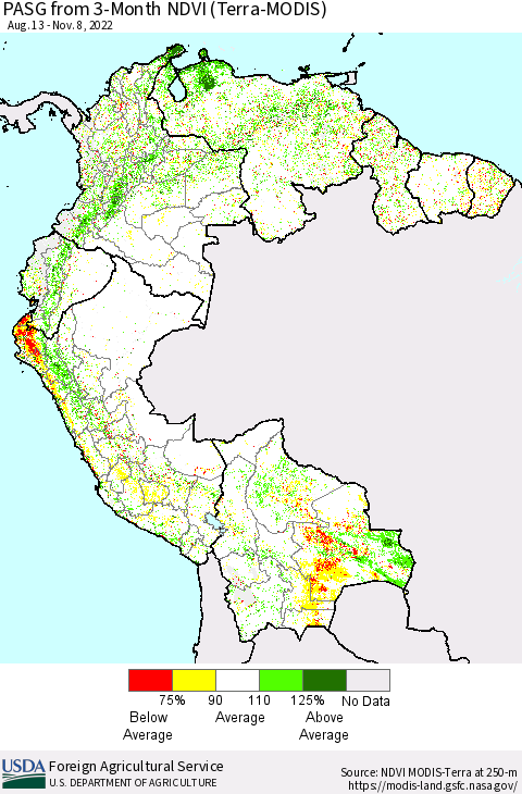 Northern South America PASG from 3-Month NDVI (Terra-MODIS) Thematic Map For 11/1/2022 - 11/10/2022