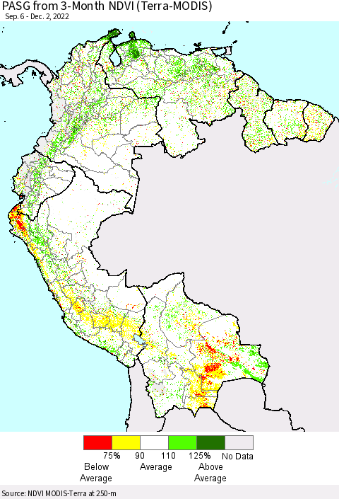 Northern South America PASG from 3-Month NDVI (Terra-MODIS) Thematic Map For 11/25/2022 - 12/2/2022