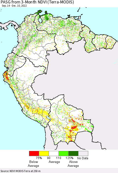 Northern South America PASG from 3-Month NDVI (Terra-MODIS) Thematic Map For 12/1/2022 - 12/10/2022