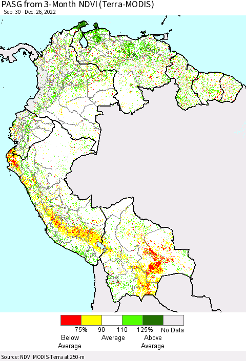 Northern South America PASG from 3-Month NDVI (Terra-MODIS) Thematic Map For 12/19/2022 - 12/26/2022