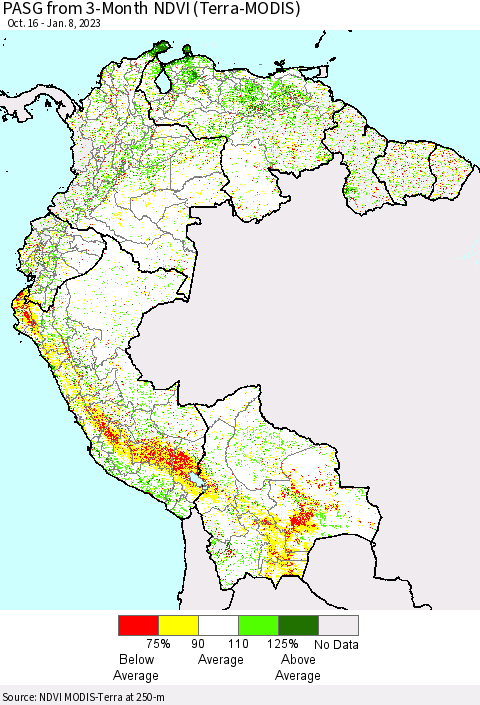 Northern South America PASG from 3-Month NDVI (Terra-MODIS) Thematic Map For 1/1/2023 - 1/8/2023
