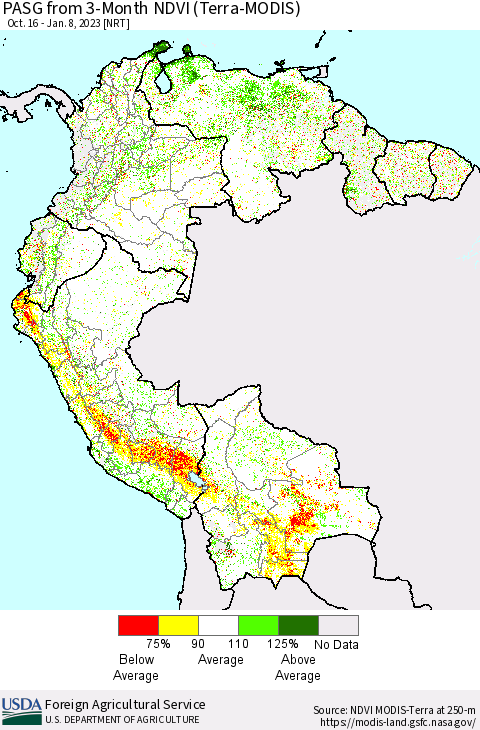 Northern South America PASG from 3-Month NDVI (Terra-MODIS) Thematic Map For 1/1/2023 - 1/10/2023