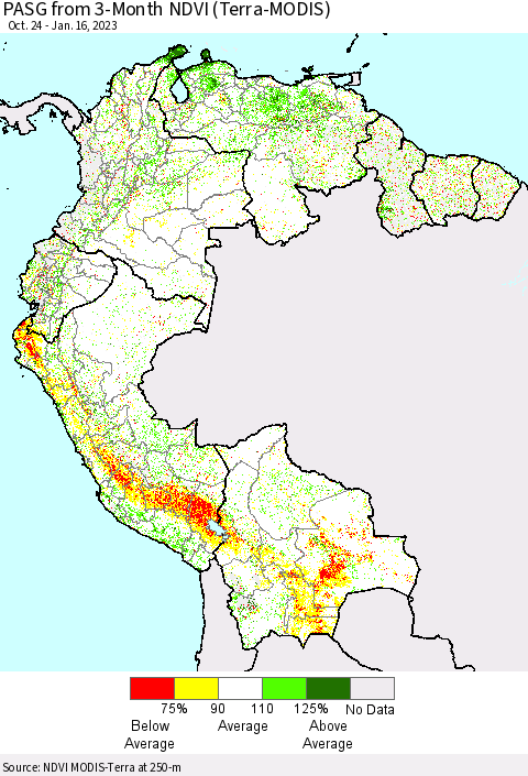 Northern South America PASG from 3-Month NDVI (Terra-MODIS) Thematic Map For 1/9/2023 - 1/16/2023