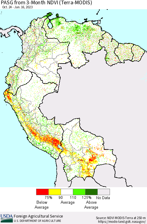 Northern South America PASG from 3-Month NDVI (Terra-MODIS) Thematic Map For 1/11/2023 - 1/20/2023