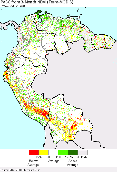 Northern South America PASG from 3-Month NDVI (Terra-MODIS) Thematic Map For 1/17/2023 - 1/24/2023
