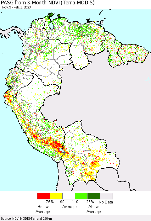 Northern South America PASG from 3-Month NDVI (Terra-MODIS) Thematic Map For 1/25/2023 - 2/1/2023