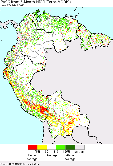 Northern South America PASG from 3-Month NDVI (Terra-MODIS) Thematic Map For 2/2/2023 - 2/9/2023