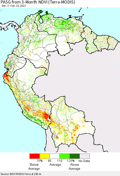 Northern South America PASG from 3-Month NDVI (Terra-MODIS) Thematic Map For 2/18/2023 - 2/25/2023