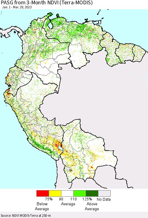 Northern South America PASG from 3-Month NDVI (Terra-MODIS) Thematic Map For 3/22/2023 - 3/29/2023