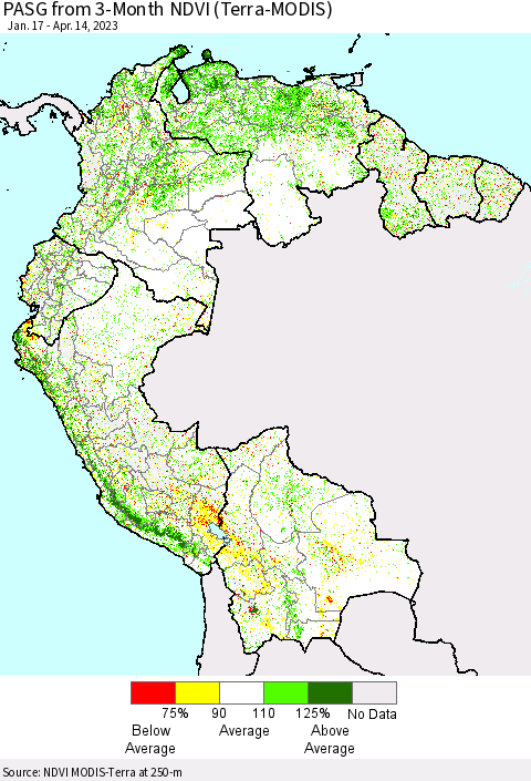 Northern South America PASG from 3-Month NDVI (Terra-MODIS) Thematic Map For 4/7/2023 - 4/14/2023