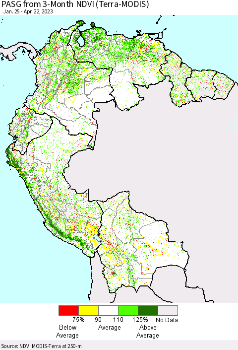 Northern South America PASG from 3-Month NDVI (Terra-MODIS) Thematic Map For 4/15/2023 - 4/22/2023