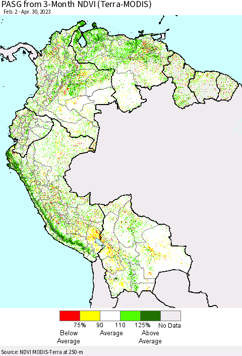 Northern South America PASG from 3-Month NDVI (Terra-MODIS) Thematic Map For 4/23/2023 - 4/30/2023
