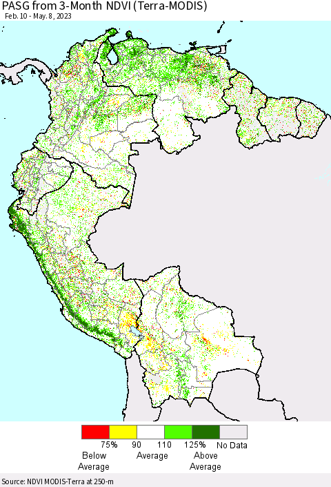 Northern South America PASG from 3-Month NDVI (Terra-MODIS) Thematic Map For 5/1/2023 - 5/8/2023