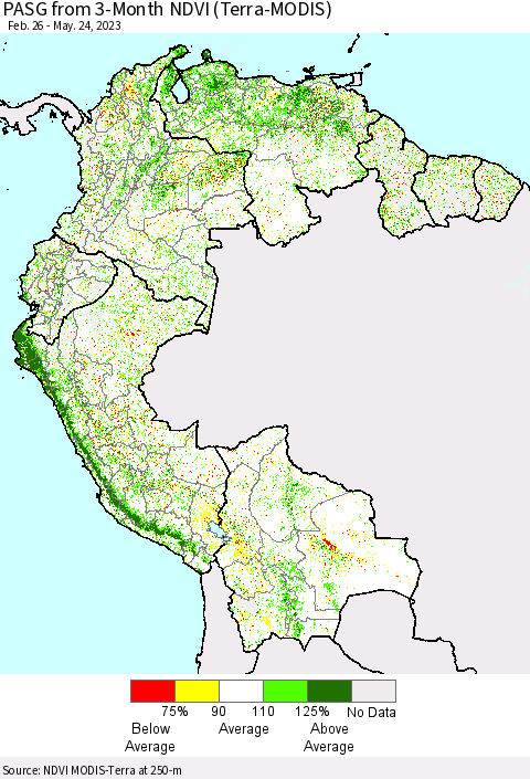 Northern South America PASG from 3-Month NDVI (Terra-MODIS) Thematic Map For 5/17/2023 - 5/24/2023
