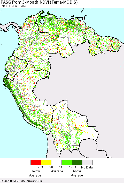 Northern South America PASG from 3-Month NDVI (Terra-MODIS) Thematic Map For 6/2/2023 - 6/9/2023