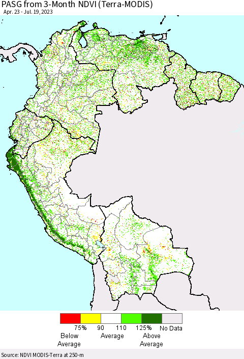 Northern South America PASG from 3-Month NDVI (Terra-MODIS) Thematic Map For 7/12/2023 - 7/19/2023