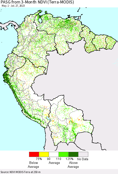 Northern South America PASG from 3-Month NDVI (Terra-MODIS) Thematic Map For 7/20/2023 - 7/27/2023