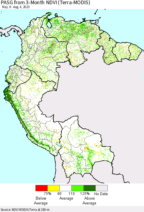 Northern South America PASG from 3-Month NDVI (Terra-MODIS) Thematic Map For 7/28/2023 - 8/4/2023