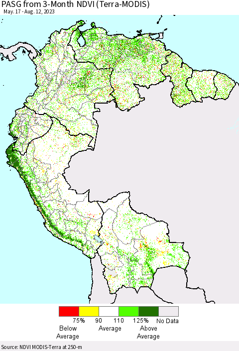 Northern South America PASG from 3-Month NDVI (Terra-MODIS) Thematic Map For 8/5/2023 - 8/12/2023