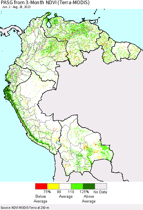 Northern South America PASG from 3-Month NDVI (Terra-MODIS) Thematic Map For 8/21/2023 - 8/28/2023