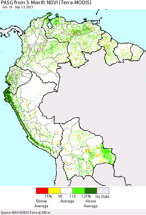 Northern South America PASG from 3-Month NDVI (Terra-MODIS) Thematic Map For 9/6/2023 - 9/13/2023