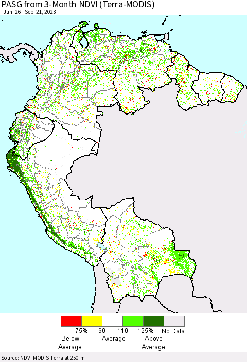 Northern South America PASG from 3-Month NDVI (Terra-MODIS) Thematic Map For 9/14/2023 - 9/21/2023