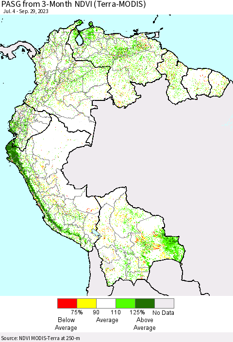 Northern South America PASG from 3-Month NDVI (Terra-MODIS) Thematic Map For 9/22/2023 - 9/29/2023