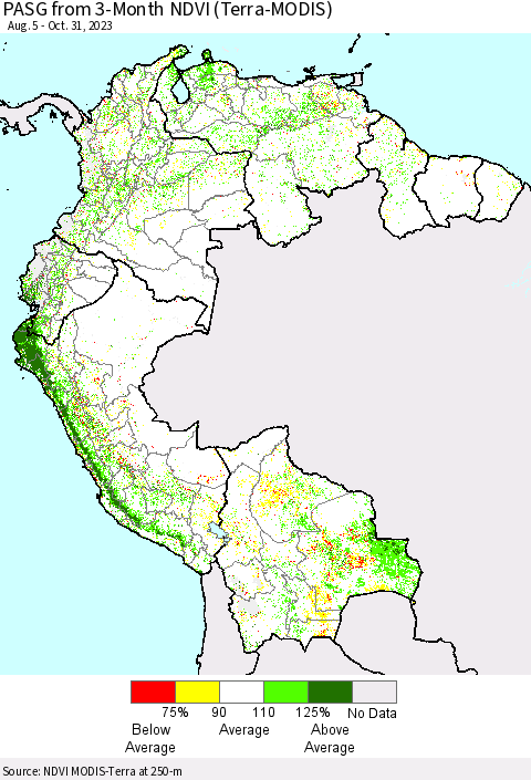 Northern South America PASG from 3-Month NDVI (Terra-MODIS) Thematic Map For 10/24/2023 - 10/31/2023