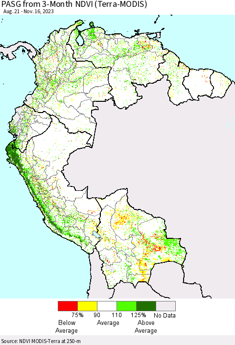 Northern South America PASG from 3-Month NDVI (Terra-MODIS) Thematic Map For 11/9/2023 - 11/16/2023