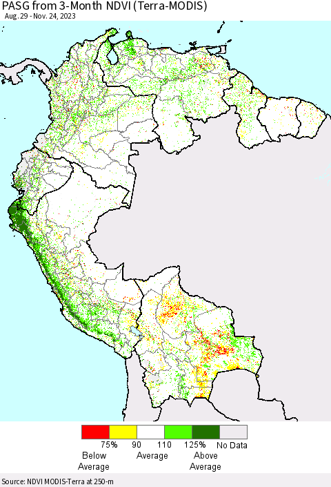 Northern South America PASG from 3-Month NDVI (Terra-MODIS) Thematic Map For 11/17/2023 - 11/24/2023