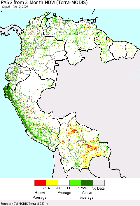 Northern South America PASG from 3-Month NDVI (Terra-MODIS) Thematic Map For 11/25/2023 - 12/2/2023