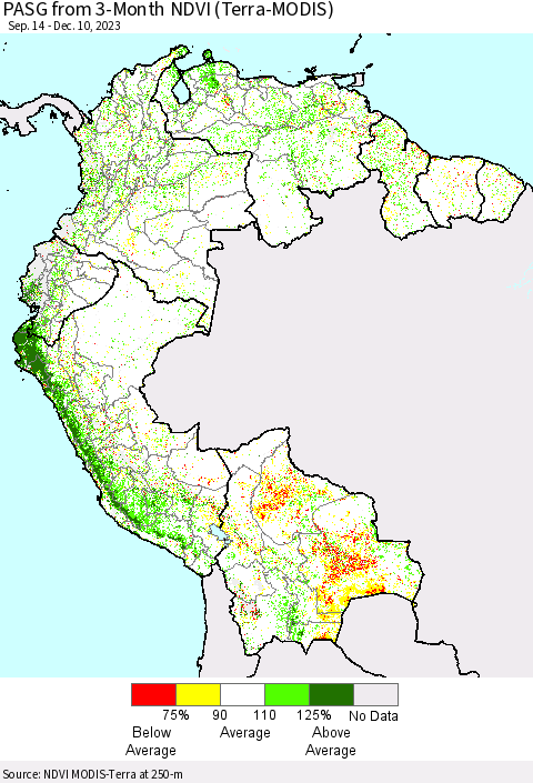 Northern South America PASG from 3-Month NDVI (Terra-MODIS) Thematic Map For 12/3/2023 - 12/10/2023