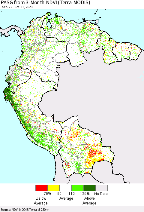 Northern South America PASG from 3-Month NDVI (Terra-MODIS) Thematic Map For 12/11/2023 - 12/18/2023