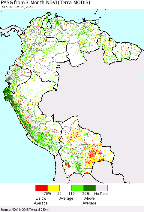 Northern South America PASG from 3-Month NDVI (Terra-MODIS) Thematic Map For 12/19/2023 - 12/26/2023