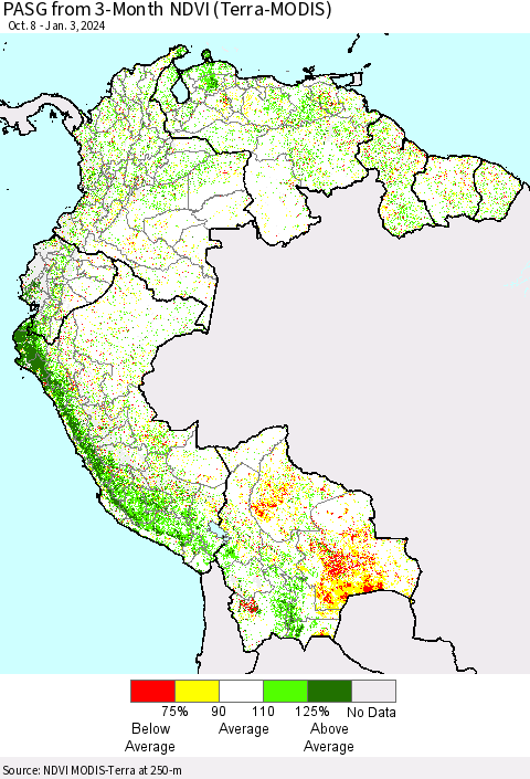 Northern South America PASG from 3-Month NDVI (Terra-MODIS) Thematic Map For 12/27/2023 - 1/3/2024