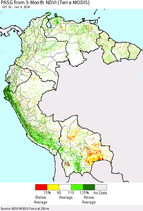 Northern South America PASG from 3-Month NDVI (Terra-MODIS) Thematic Map For 1/1/2024 - 1/8/2024