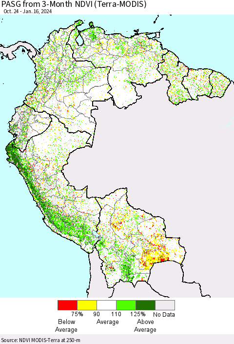 Northern South America PASG from 3-Month NDVI (Terra-MODIS) Thematic Map For 1/9/2024 - 1/16/2024