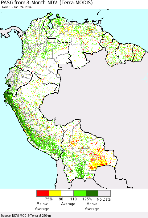 Northern South America PASG from 3-Month NDVI (Terra-MODIS) Thematic Map For 1/17/2024 - 1/24/2024