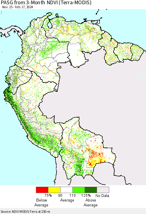 Northern South America PASG from 3-Month NDVI (Terra-MODIS) Thematic Map For 2/10/2024 - 2/17/2024