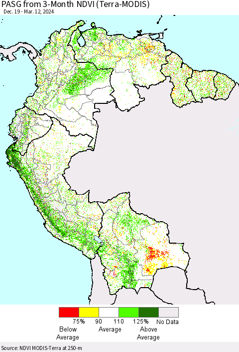 Northern South America PASG from 3-Month NDVI (Terra-MODIS) Thematic Map For 3/5/2024 - 3/12/2024