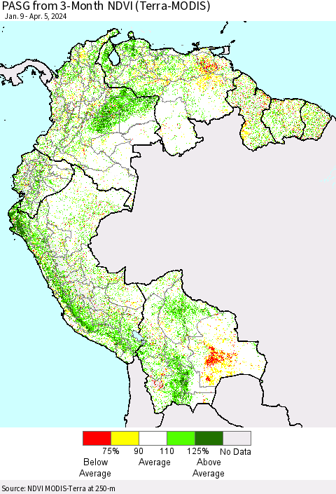Northern South America PASG from 3-Month NDVI (Terra-MODIS) Thematic Map For 3/29/2024 - 4/5/2024