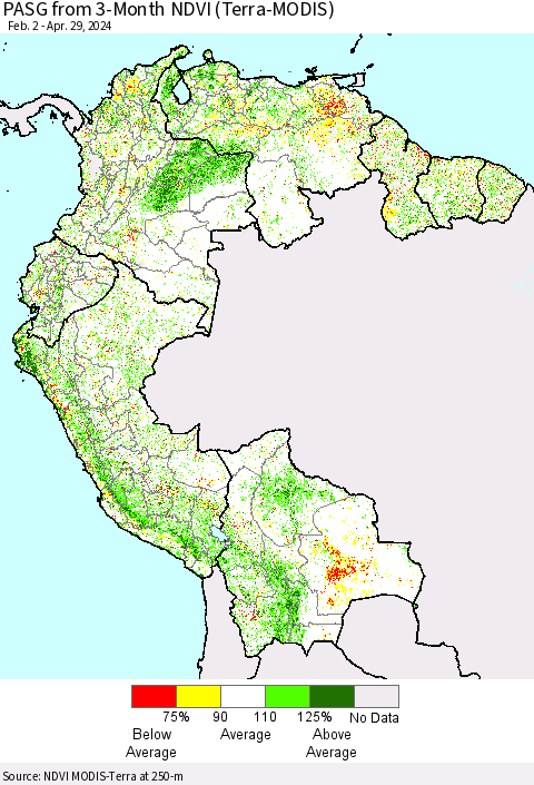 Northern South America PASG from 3-Month NDVI (Terra-MODIS) Thematic Map For 4/22/2024 - 4/29/2024