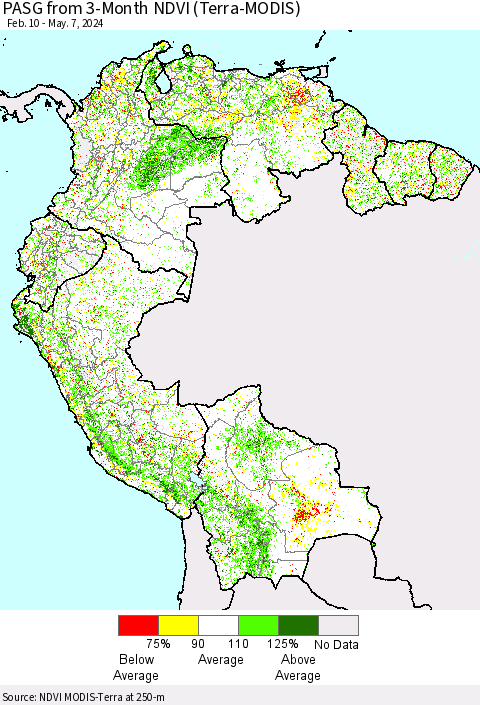 Northern South America PASG from 3-Month NDVI (Terra-MODIS) Thematic Map For 4/30/2024 - 5/7/2024