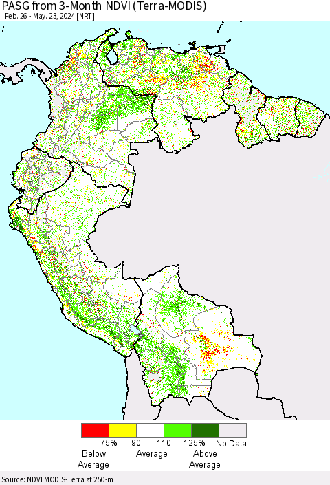 Northern South America PASG from 3-Month NDVI (Terra-MODIS) Thematic Map For 5/16/2024 - 5/23/2024