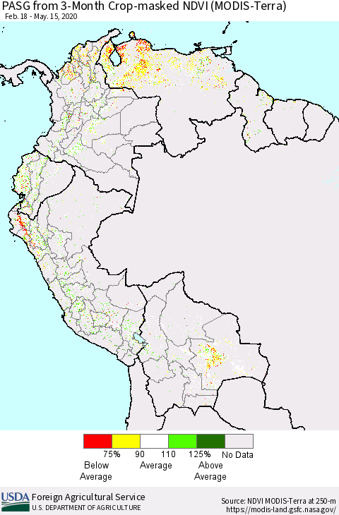 Northern South America PASG from 3-Month Cropland NDVI (Terra-MODIS) Thematic Map For 5/11/2020 - 5/20/2020