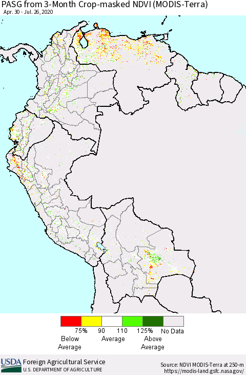 Northern South America PASG from 3-Month Cropland NDVI (Terra-MODIS) Thematic Map For 7/21/2020 - 7/31/2020