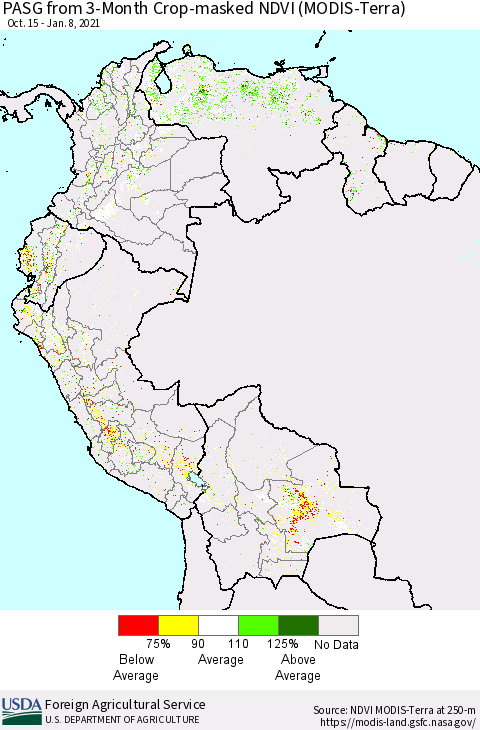 Northern South America PASG from 3-Month Cropland NDVI (Terra-MODIS) Thematic Map For 1/1/2021 - 1/10/2021
