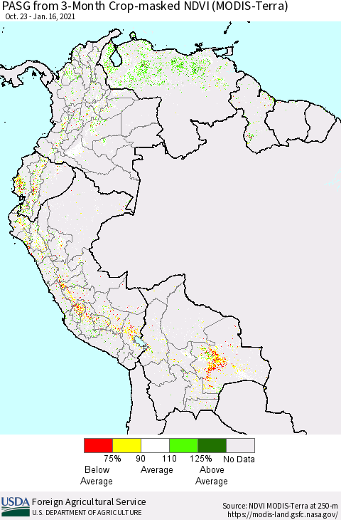 Northern South America PASG from 3-Month Cropland NDVI (Terra-MODIS) Thematic Map For 1/11/2021 - 1/20/2021